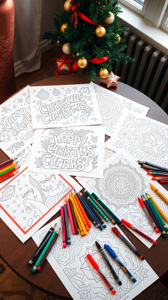 A table with Christmas coloring pages, crayons, and festive decorations.